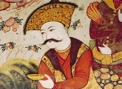 Shah Abbas I (1588-1629) y un cortesano ofreciendo fruta y bebida (detalle) de Persian School